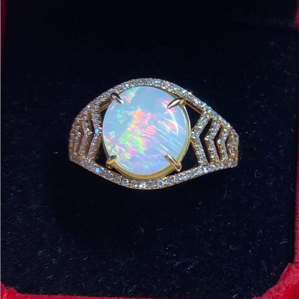 Australian Opal , Diamond , and 14 Karat Yellow Gold Ring